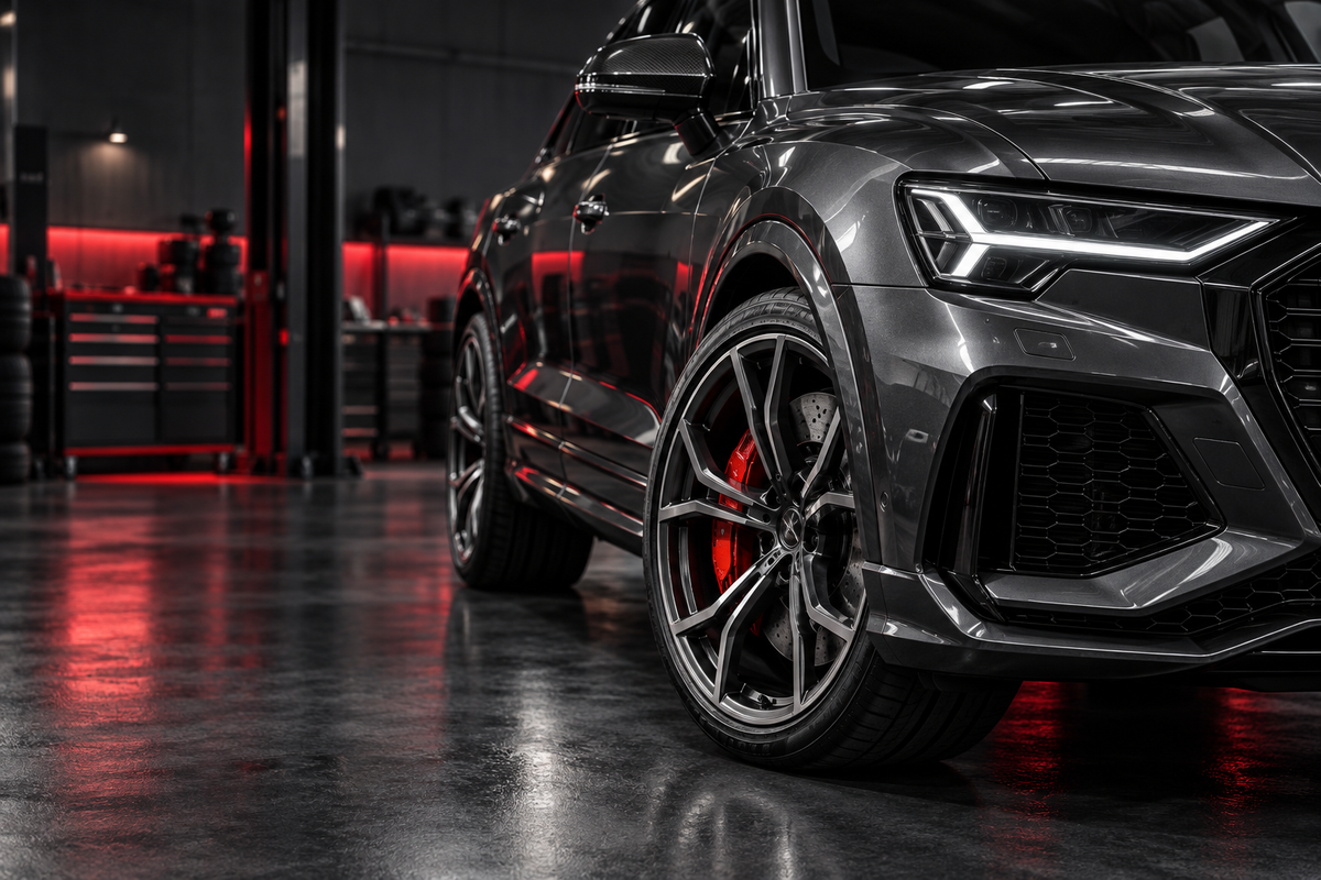 Graphite SUV wheel, headlight and red brake caliper in a workshop