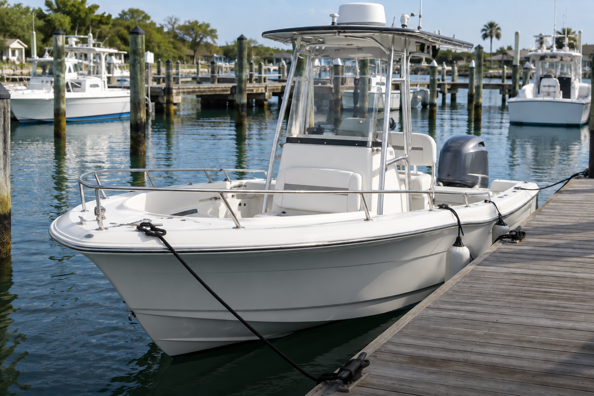 White center-console boat tied to a wooden dock at a working marina in daylight