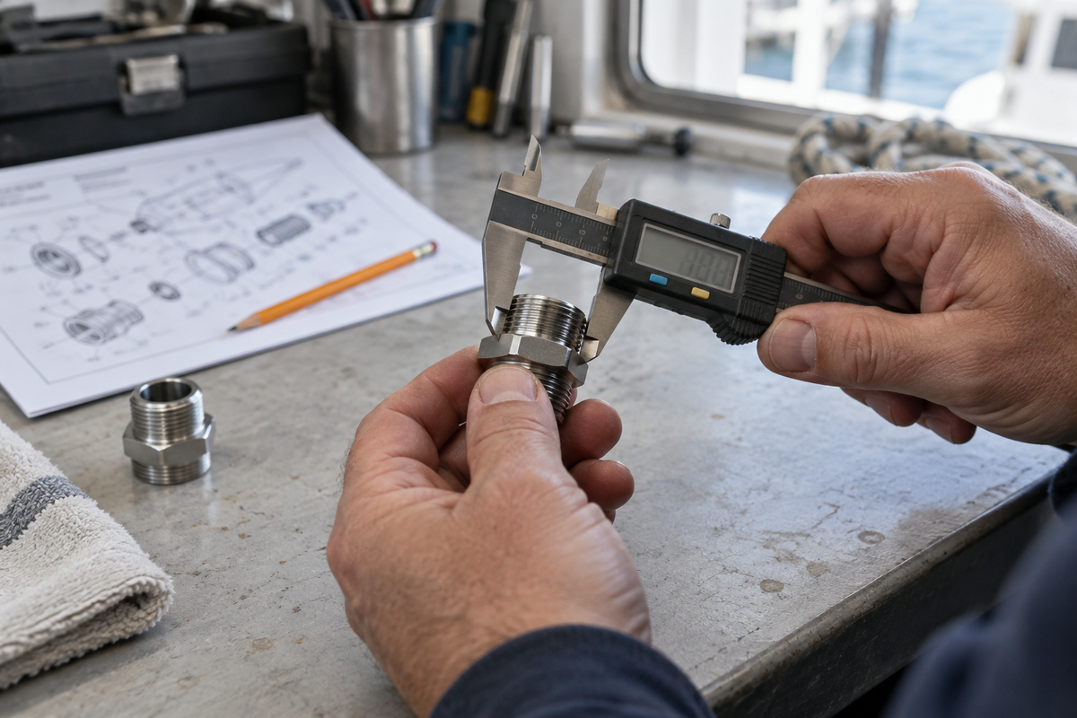 Hands using a digital caliper to check the dimensions of a small marine fitting