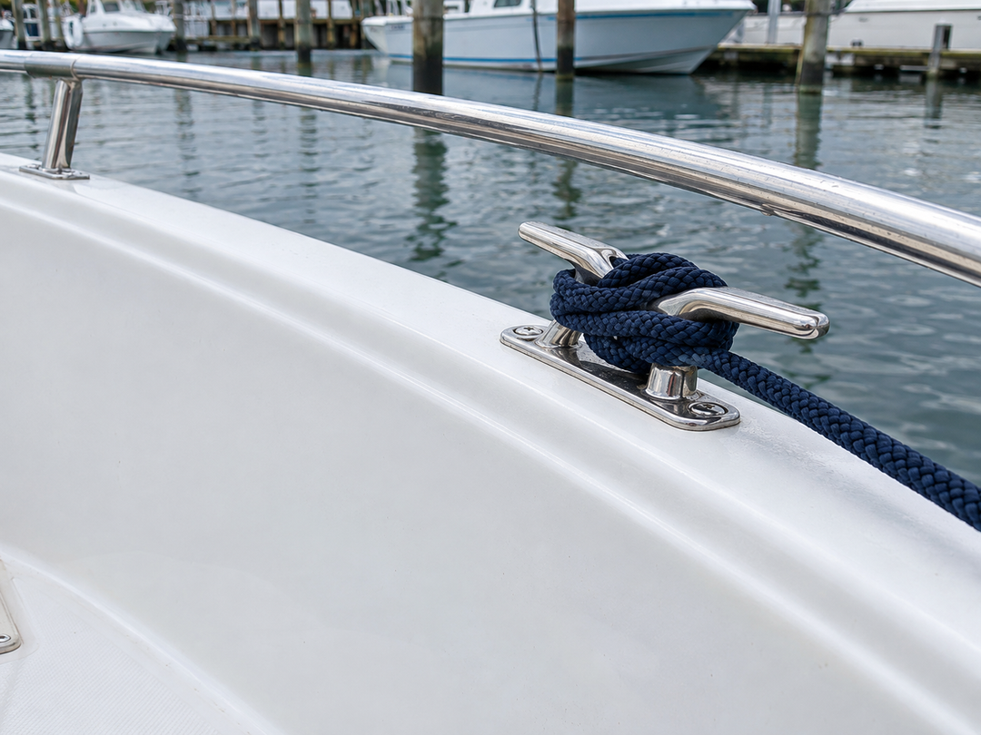 Stainless boat rail, cleat and neatly secured dock line in soft daylight
