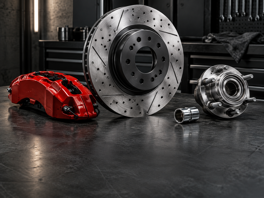 Precision automotive brake rotor and red caliper on a graphite workbench