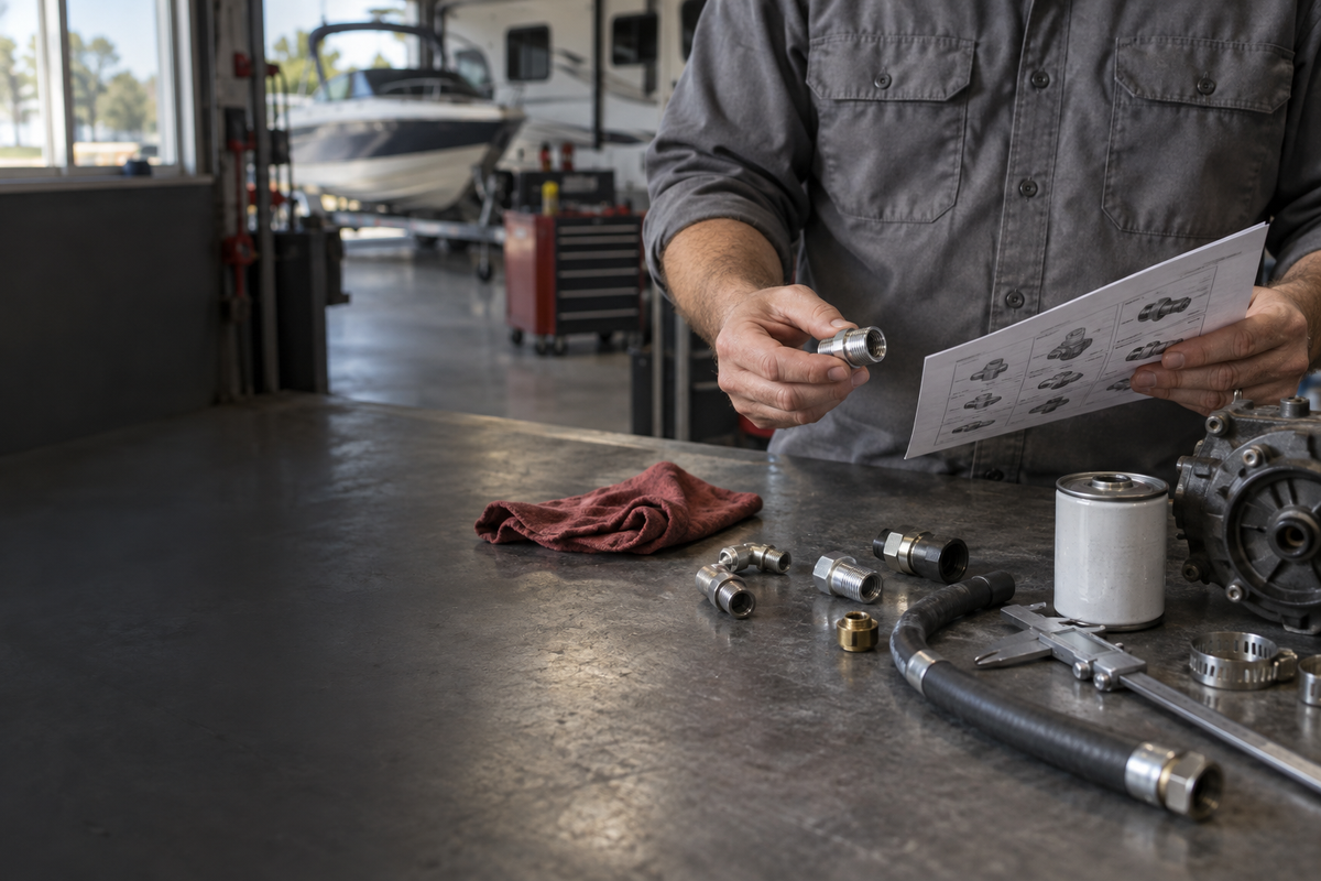 Technician checking a part number on a component at a practical workshop bench