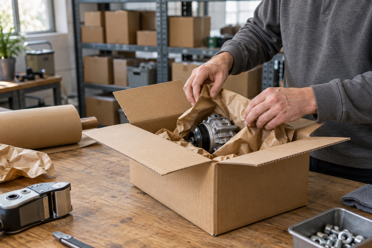 Small parts being carefully packed in a cardboard shipping box at a clean workbench