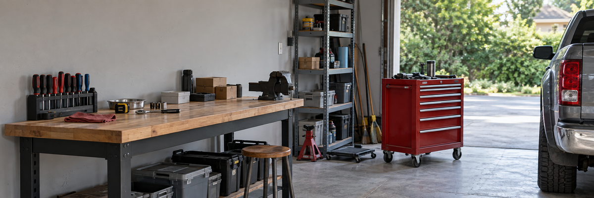 Everyday garage with an open tool chest and a pickup ready for a maintenance project
