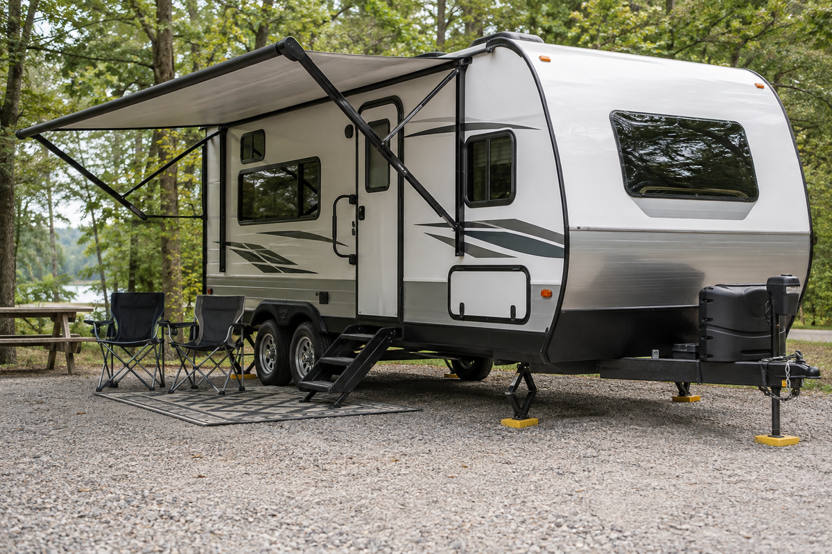 Travel trailer parked at a tidy campground with an awning and practical outdoor setup