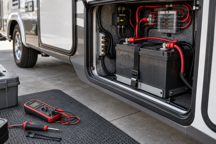 Tidy RV battery compartment with cables and electrical components during maintenance
