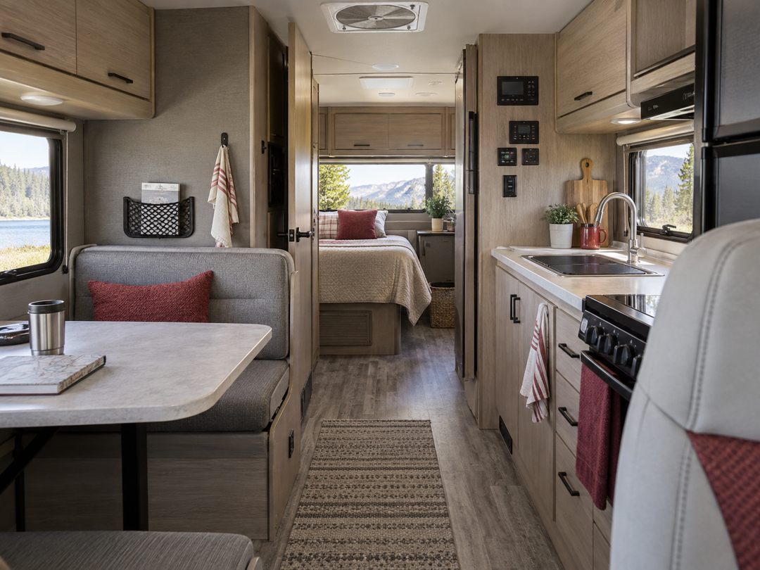 Practical motorhome interior with kitchenette, storage and daylight through the windows