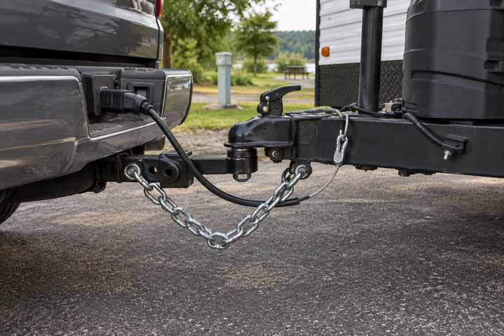 Pickup tow hitch connected to a travel trailer with safety chains on a paved driveway