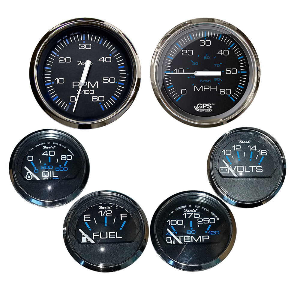 Faria Chesapeake Black wStainless Steel Bezel Boxed Set of 6  Speed Tach Fuel Level Voltmeter Water Temperature  Oil PSI