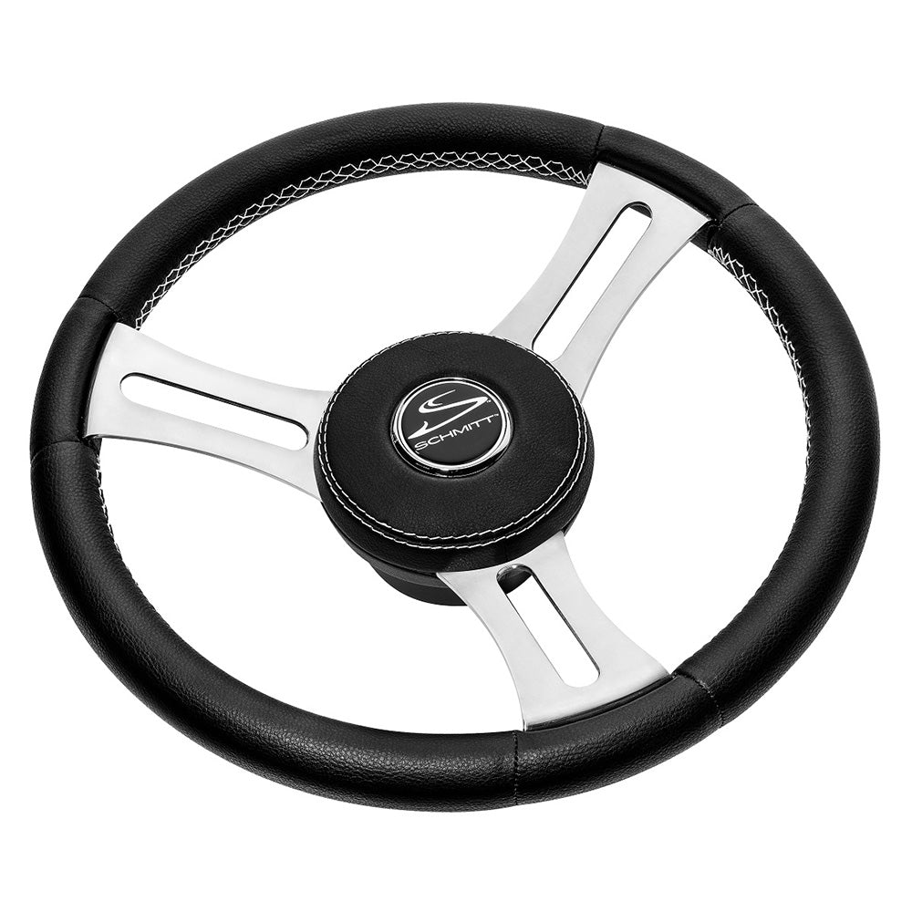 Schmitt Marine Torcello Elite 14 Wheel  Black Leather  Cap  White Stitching  Polished SS Spokes  34 Tapered Shaft